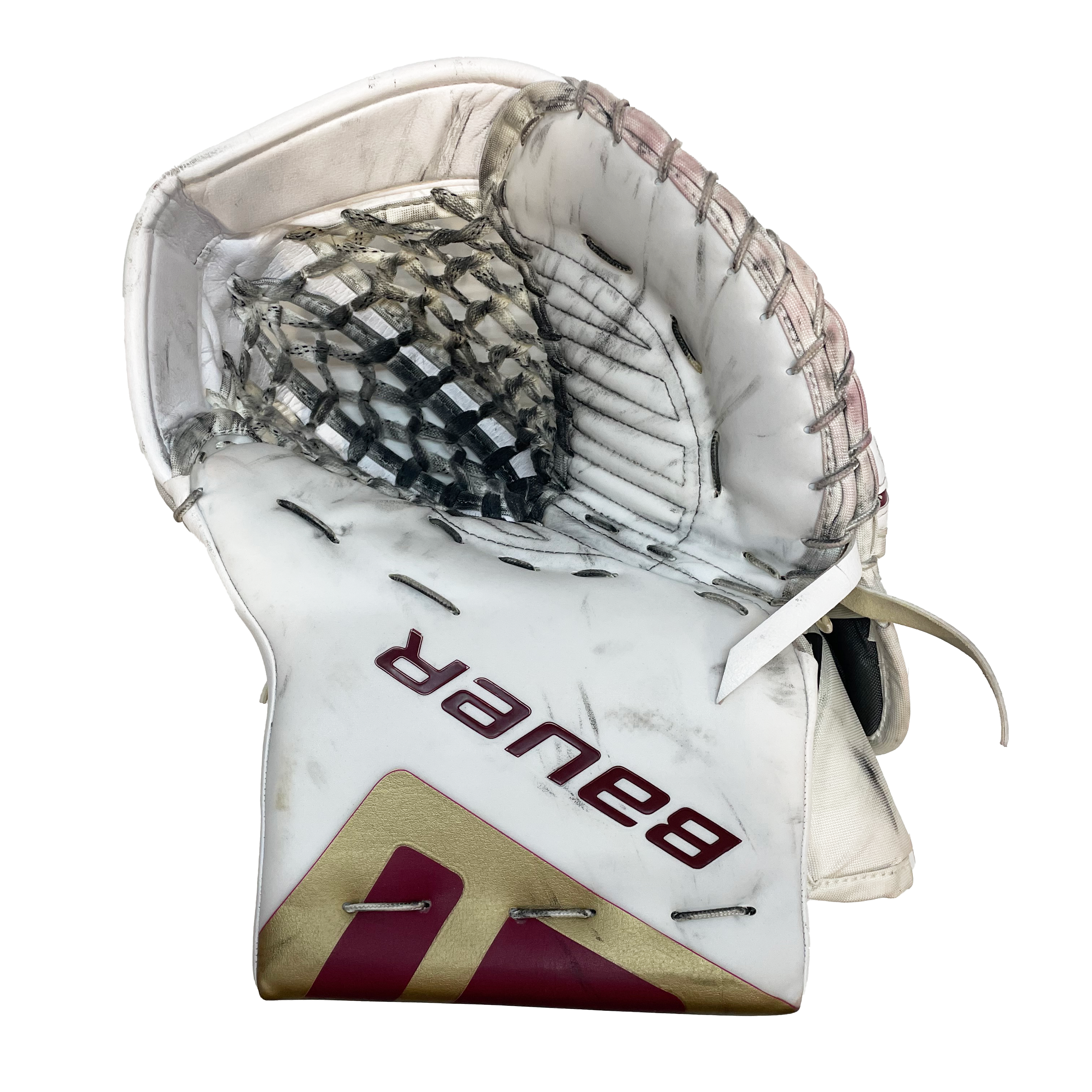 Bauer Supreme Mach - Gant de gardien de but Pro Stock d'occasion (blanc/marron/or)